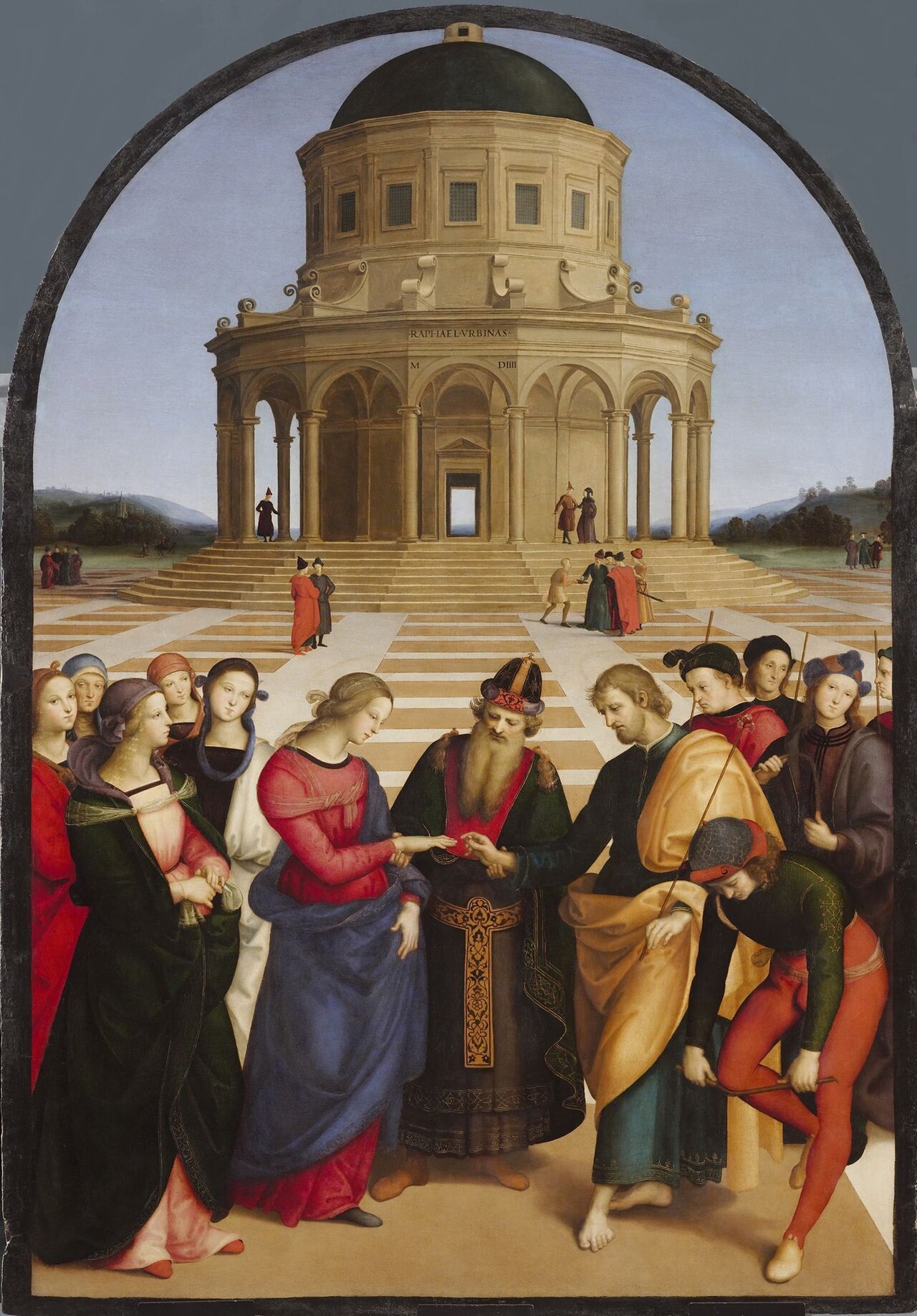 Detail of Raphael's Lo Sposalizio, a betrothal under an arch.